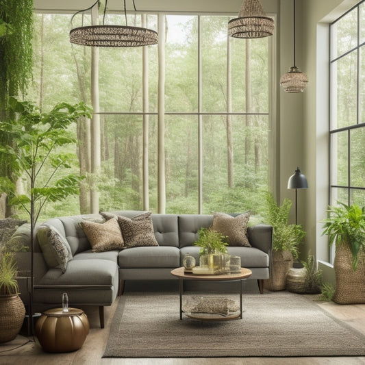A serene living room with earthy tones, featuring a repurposed glass chandelier above a sleek electric vehicle charging station, surrounded by lush greenery and eco-friendly upcycled glass decorative accents.
