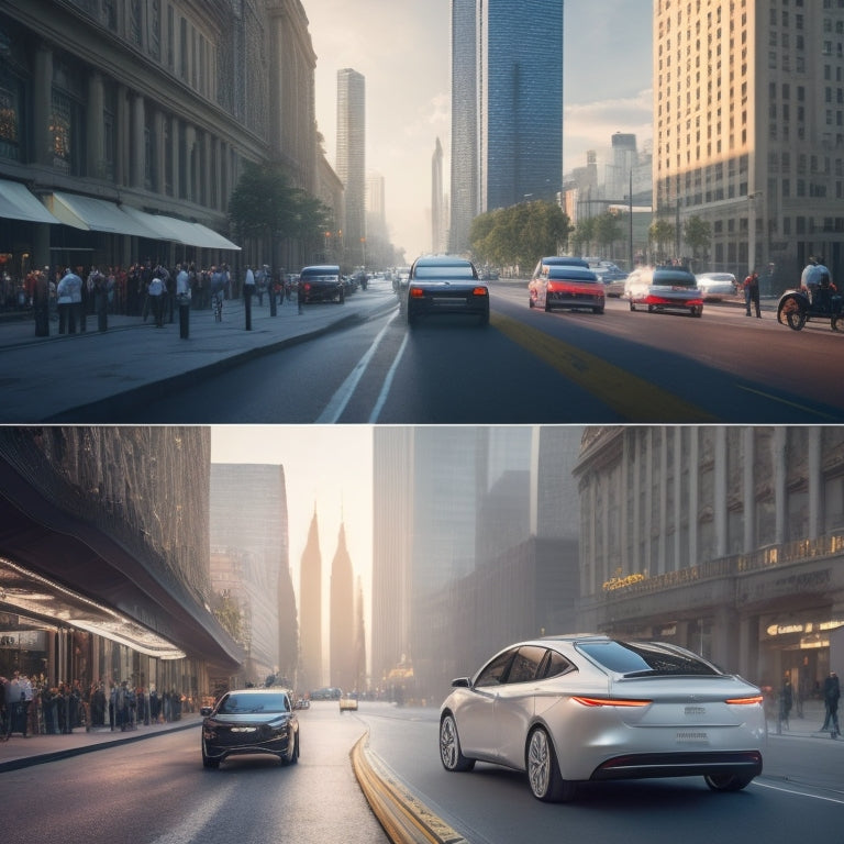 A split-screen image with a sleek, silver electric vehicle on a city street on one side, and a chaotic, polluted cityscape with smokestacks and traffic congestion on the other.