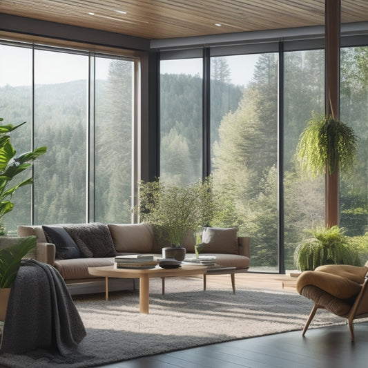 A serene living room with floor-to-ceiling windows, automated blinds in a natural wood tone, and a lush greenery view, conveying a sense of harmony between technology and nature.