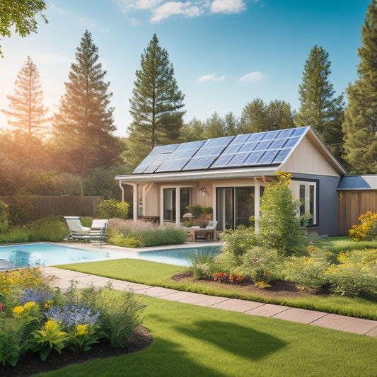 A serene residential backyard with a modern home, solar panels on the roof, and a sleek home battery system installed beside a flowerbed, surrounded by lush greenery and a sunny sky.