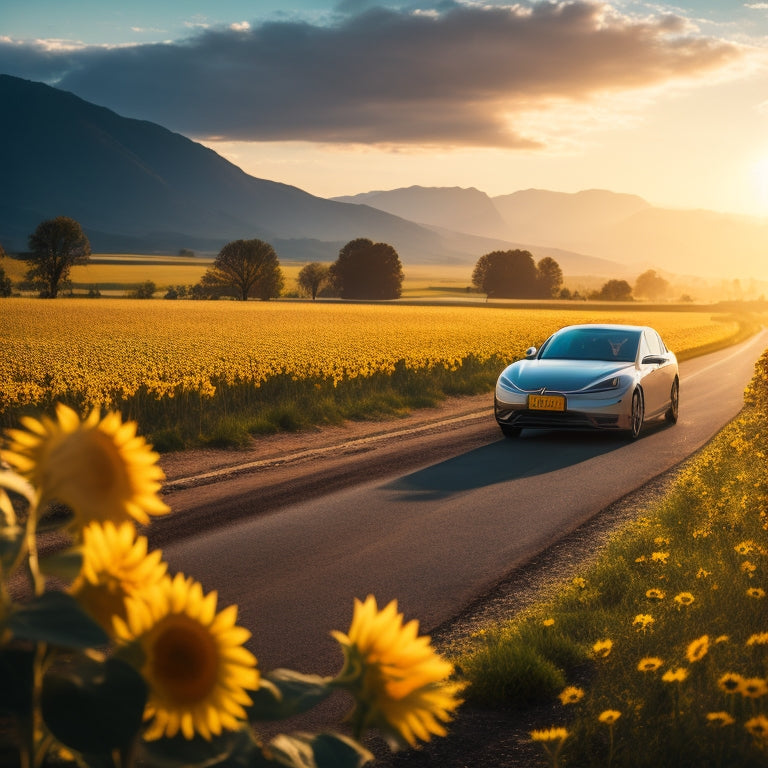 A serene landscape with a solitary, sleek electric vehicle parked beside a winding road, surrounded by sunflowers and a vast, radiant sun shining down, casting a warm glow.