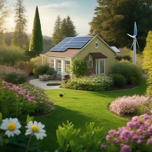 A serene backyard with a small, sleek wind turbine and a cluster of solar panels on the roof, surrounded by lush greenery and a few bee-friendly flowers.