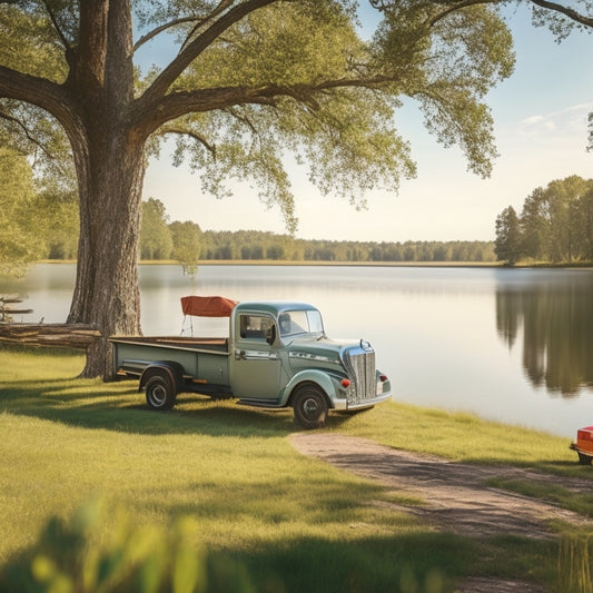 A serene, sun-kissed landscape with a truck parked beside a tranquil lake, surrounded by lush greenery, with solar panels on the truck's roof and a hammock suspended between two trees in the background.