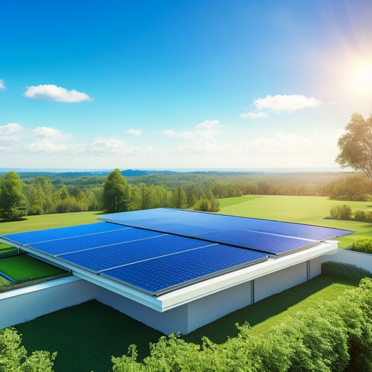 An illustration of a modern rooftop with sleek, integrated solar panels and a sleek, silver roof coating, surrounded by a lush green landscape and a bright blue sky with fluffy white clouds.