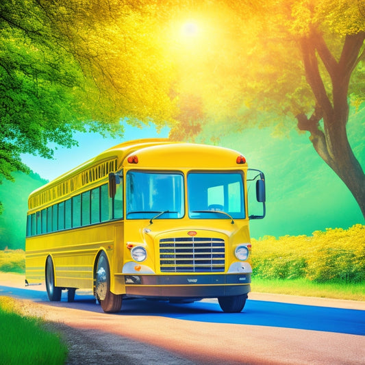 An illustration of a yellow school bus with a green leaf or a green glow surrounding it, symbolizing eco-friendliness, driving on a winding road amidst lush green trees and a bright blue sky.