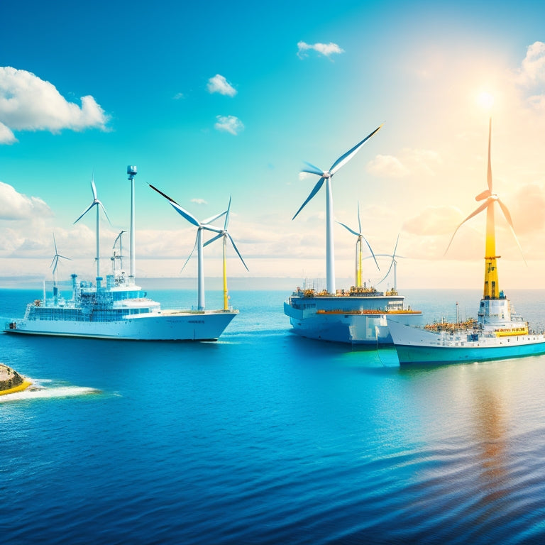 A stylized illustration depicting a fleet of ships and tankers in the foreground, with wind turbines and solar panels on their decks, set against a bright blue sky with fluffy white clouds, surrounded by a subtle, wavy sea.