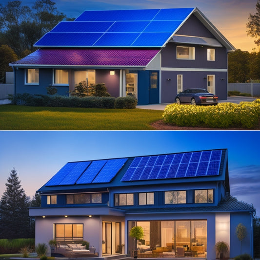 A split-screen image featuring a residential home with solar panels on the roof on one side, and a sleek, modern battery system with glowing blue LED lights on the other.