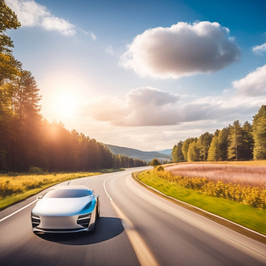 A futuristic illustration of a sleek, electric vehicle driving on a winding Michigan highway, surrounded by lush green forests and a bright blue sky with fluffy white clouds.