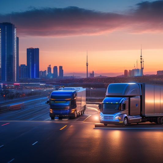 A futuristic cityscape at dusk with sleek, aerodynamic electric trucks from various manufacturers (e.g., Tesla, Ford, Chevrolet) driving by, with bright LED lights and charging stations in the background.