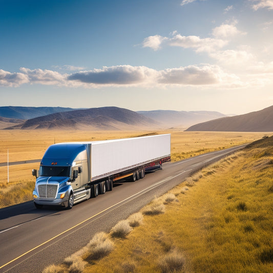 An illustration of a semi-truck with solar panels installed on its trailer, driving on a sunny highway surrounded by rolling hills and wind turbines in the background.