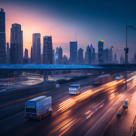 A futuristic cityscape at dusk with sleek, electric commercial vehicles (trucks, vans, buses) of varying sizes in motion, amidst a backdrop of towering skyscrapers and neon-lit highways.