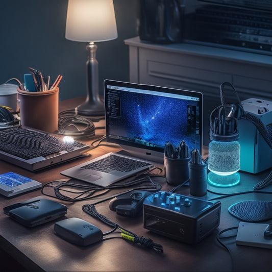 A cluttered desk with multiple devices plugged into a power strip, with glowing standby lights and tangled cords, contrasted with a simple, organized setup using a single power strip with a single switch.