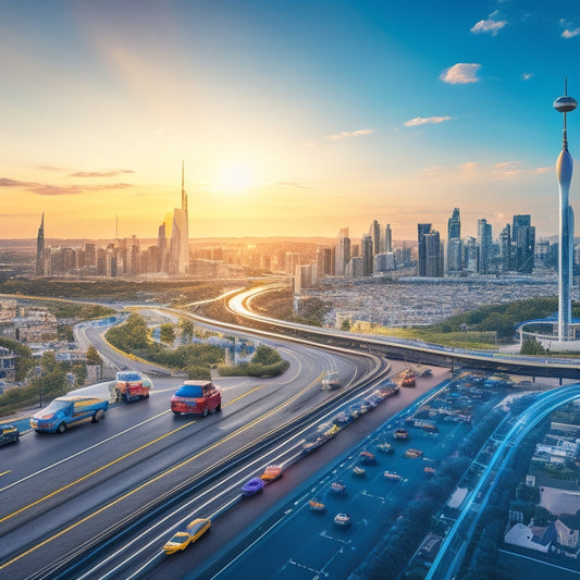 An illustration featuring a globe with electric vehicles of various models and colors moving around it, with arrows and lines connecting them to represent market trends and connections, set against a blurred cityscape background.