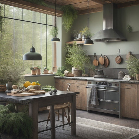 A serene kitchen scene featuring a large, L-shaped island with a honed soapstone countertop, surrounded by lush greenery, reclaimed wood accents, and a statement light fixture made from natural materials.
