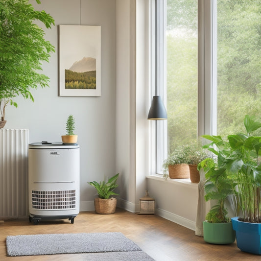 A serene, eco-friendly home interior with a subtle greenery backdrop, featuring a modern thermostat, a few neatly arranged HVAC filters, and a recycling bin, with soft, natural lighting.