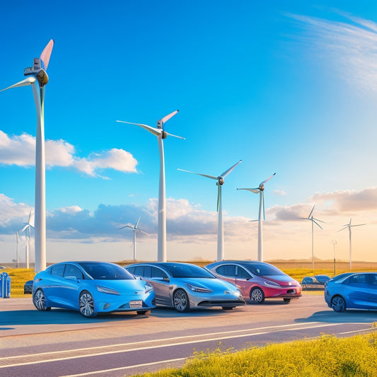 A futuristic illustration of a fleet of electric vehicles charging at a large, sleek, and modern charging station, surrounded by wind turbines and solar panels under a bright blue sky.