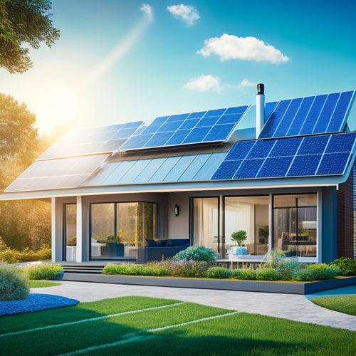 An illustration of a modern home with a cool roof, solar panels, and a thermometer in the background, surrounded by leaves and a bright blue sky with fluffy white clouds.