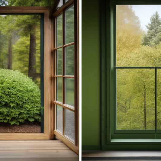 A split-screen comparison of 5-7 green window frames in different shades and materials (wood, aluminum, vinyl, fiberglass) against a natural, earthy background with subtle leaf patterns.