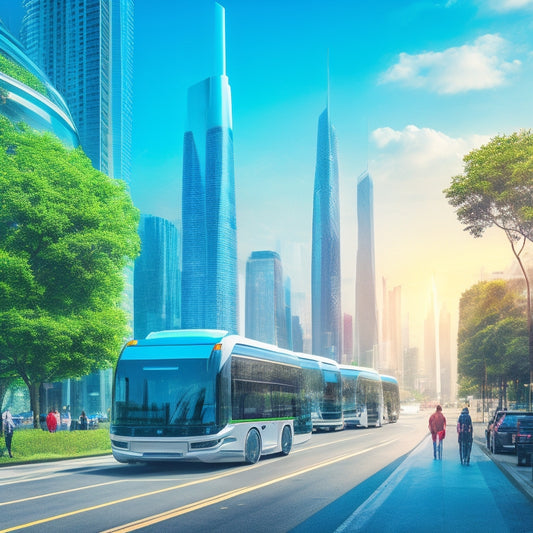 An illustration depicting a futuristic cityscape with electric trucks and buses humming along sleek roads, amidst a backdrop of gleaming skyscrapers and lush greenery, with humans in futuristic attire walking alongside self-driving vehicles.