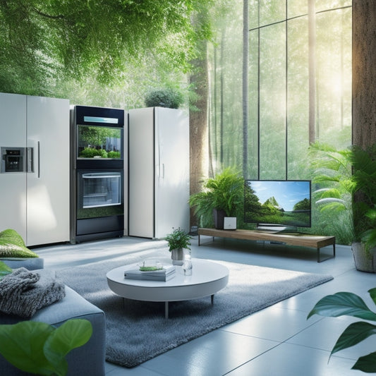 An illustration of a modern, eco-friendly living room with a sleek LED TV, an Energy Star-rated refrigerator, and a compact, high-efficiency washing machine, surrounded by lush greenery and natural light.