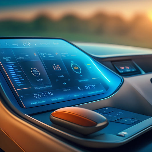 A futuristic dashboard with a large, curved screen displaying a range meter, navigation map, and charging station locator, surrounded by sleek, minimalist trim and ambient LED lighting.