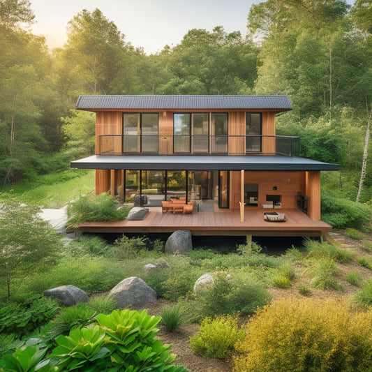A serene, modern eco-home with a living roof, surrounded by lush greenery, featuring reclaimed wood accents, large windows, and a facade made of natural, earthy materials like bamboo and terracotta.