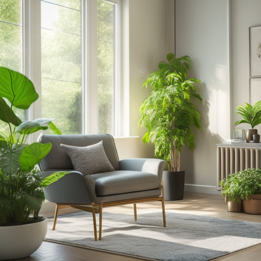 A serene living room with a sleek, modern solar-powered air purifier on a side table, surrounded by lush green plants, and a subtle hint of sunlight filtering through the window.