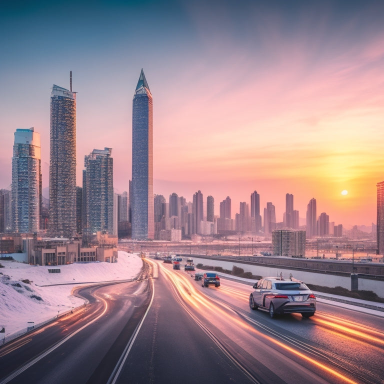 A futuristic cityscape of Beirut at dusk, with sleek electric vehicles zipping past modern skyscrapers, amidst a backdrop of snow-capped mountains and a vibrant sunset.