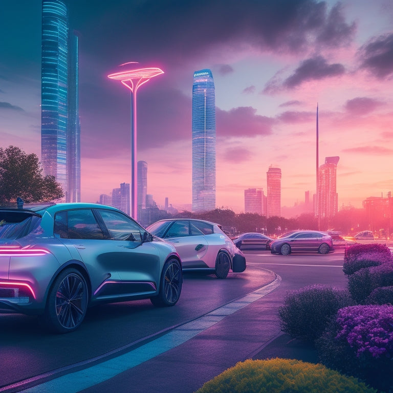 A futuristic cityscape at dusk with sleek, glowing electric vehicles parked alongside modern charging stations, surrounded by lush greenery and a vibrant, neon-lit urban landscape.