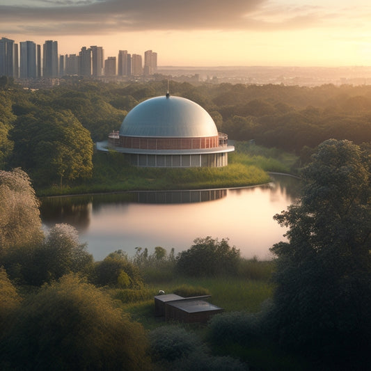 A serene cityscape at dawn with a massive rainwater harvesting tank in the foreground, surrounded by lush greenery, with a subtle water droplet pattern overlay on the buildings.