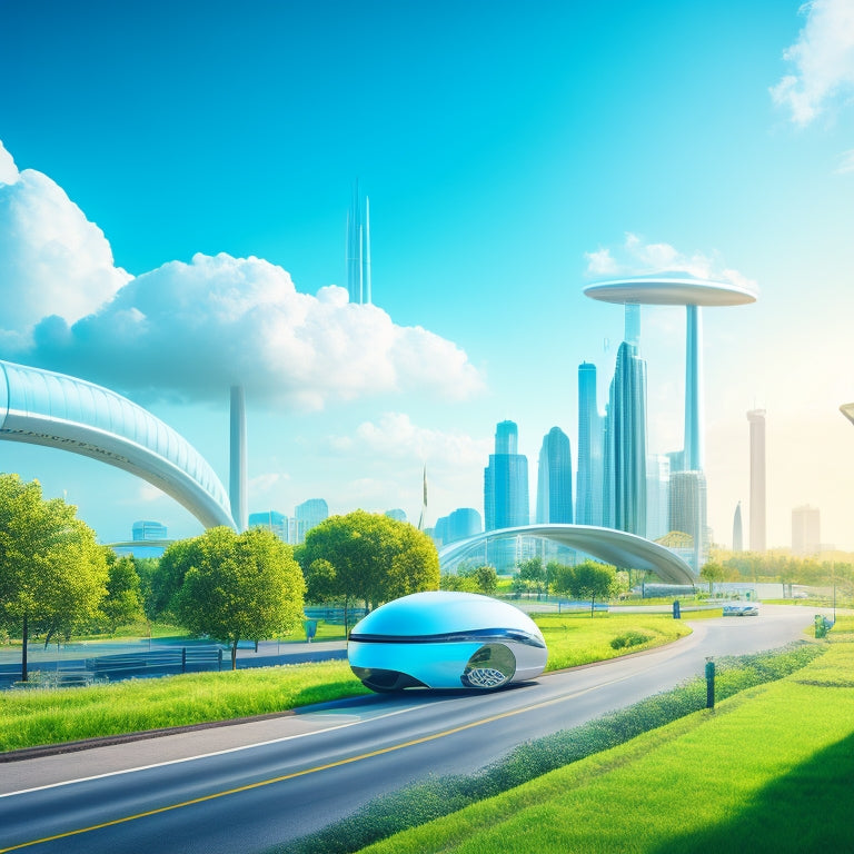 An illustration of a futuristic Orlando cityscape with sleek, electric vehicles and hyperloops, surrounded by lush greenery and wind turbines, under a bright blue sky with fluffy white clouds.