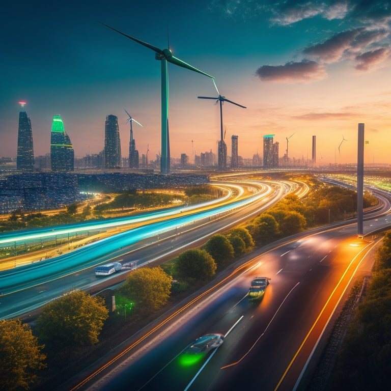 A futuristic cityscape at dusk with sleek, aerodynamic EVs zooming by, surrounded by neon-lit skyscrapers, wind turbines, and verdant green spaces, with a large, glowing electric highway in the foreground.