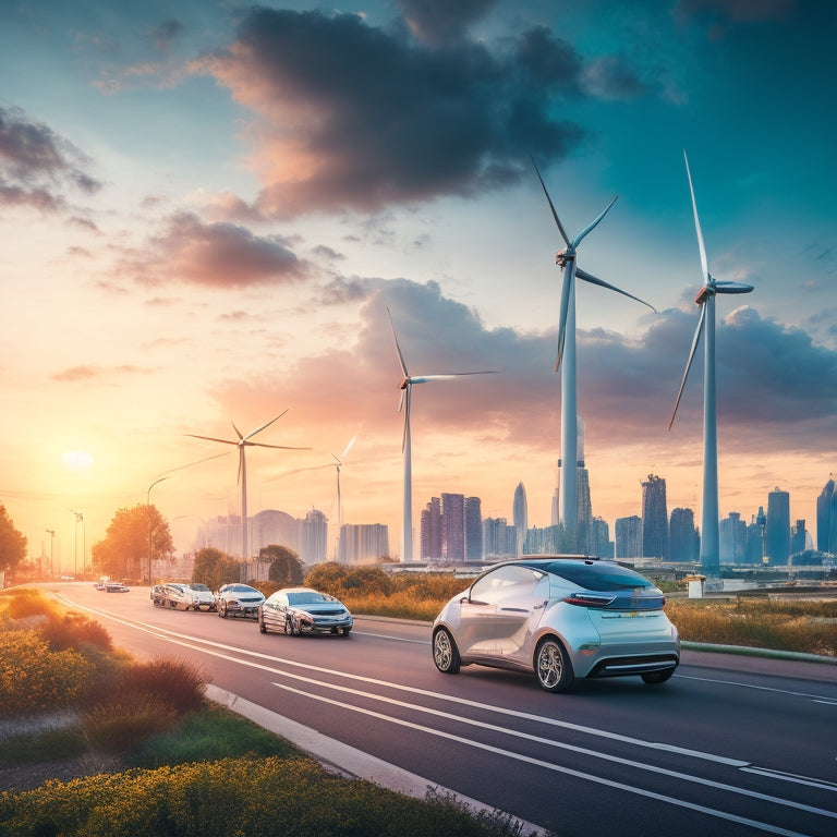 A futuristic cityscape at dusk with sleek, silver electric vehicles (EVs) replacing traditional gas-guzzlers, surrounded by blooming greenery and wind turbines, under a bright blue sky with a few wispy clouds.