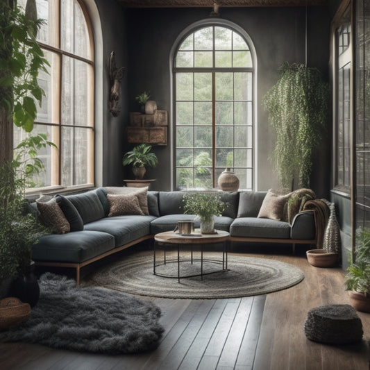 A serene, well-lit living room with a large, dark-stained cork floor, furnished with a reclaimed wood coffee table and lush green plants, surrounded by natural stone walls and a floor-to-ceiling window.