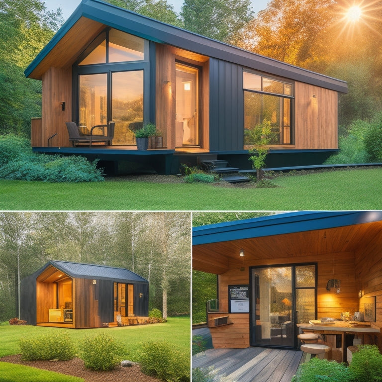 A cozy, modern tiny home with a sloping roof, surrounded by lush greenery, featuring a large window, solar panels, and a small outdoor seating area, with visible insulation materials and thermal imaging highlights.