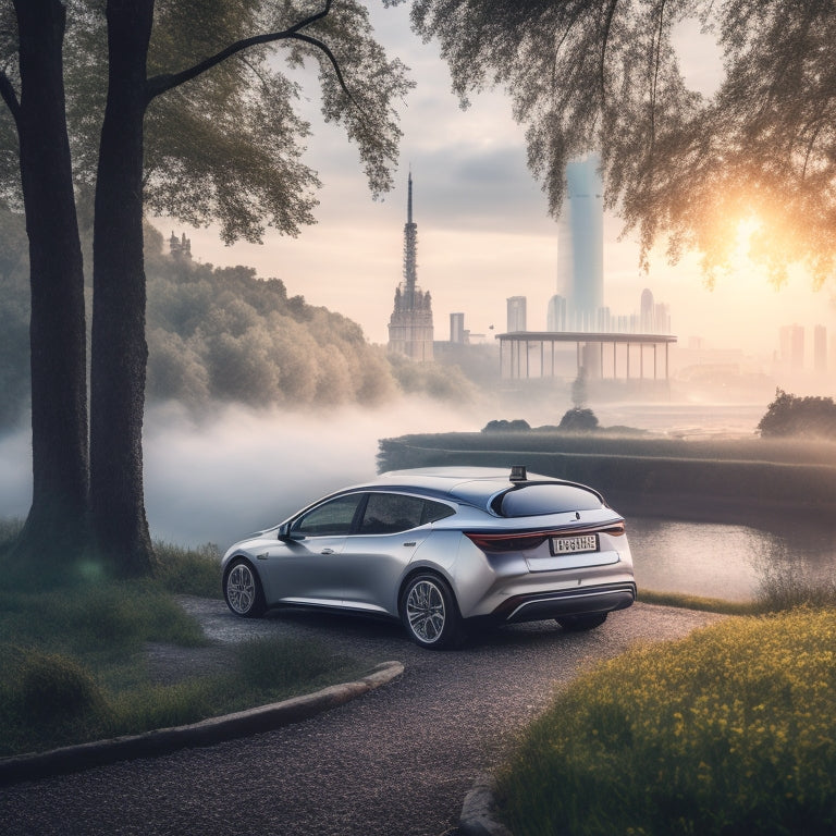 A serene landscape with a sleek, silver electric car in the foreground, surrounded by lush greenery and a faint, glowing aura, contrasting with a polluted, smoke-filled cityscape in the background.