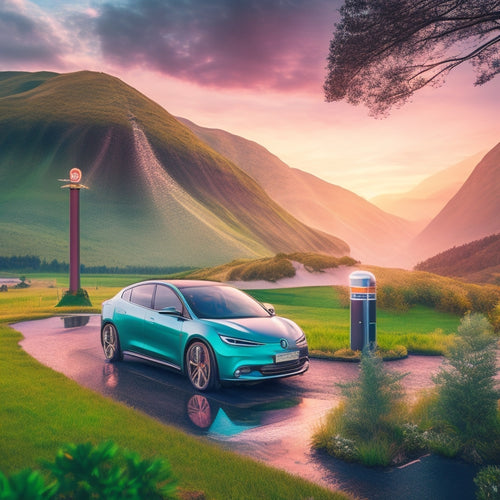 An illustration of a sleek, silver electric vehicle parked above a stylized, glowing geothermal well, with vibrant, swirling heat lines connecting the two, surrounded by lush, greenery-filled hills.