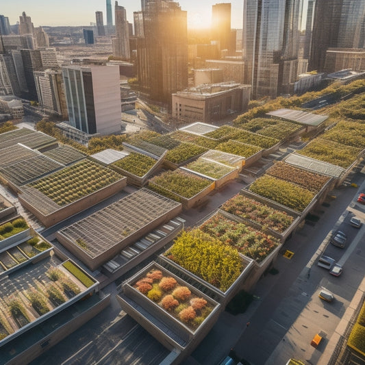 An aerial view of a urban rooftop garden with rows of vertically stacked planters, solar panels, and a trellis system, surrounded by a bustling cityscape with skyscrapers and busy streets.
