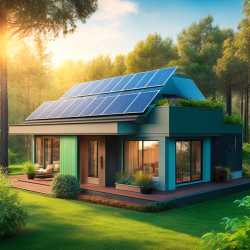 An illustration of a modern, solar-powered home with a prominent solar panel array on the roof, surrounded by lush greenery, featuring a large, circular, green-colored HVAC filter prominently displayed on the exterior wall.