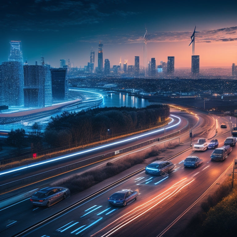 A futuristic cityscape at dusk with sleek, electric vehicles zooming by, charging stations and wind turbines in the background, surrounded by a subtle grid of circuit board patterns and glowing blue lines.