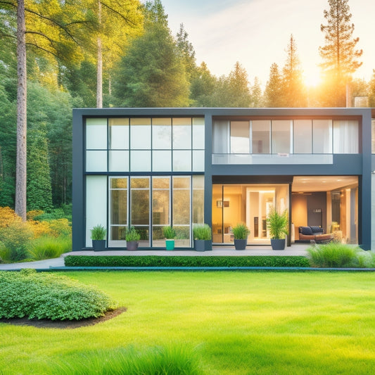 A modern, eco-friendly home with sleek lines and large windows, surrounded by lush greenery, featuring a tablet displaying a smart home dashboard with interconnected icons for energy, water, and waste management.