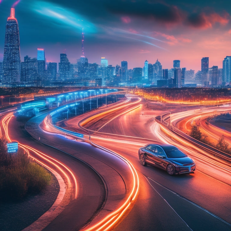 A futuristic, neon-lit cityscape at dusk with sleek, electric cars zooming by, surrounded by glowing circuit boards, batteries, and charging stations, with a subtle, swirling aura of electricity.