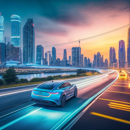 A futuristic cityscape at dusk with sleek, silver electric cars zooming past a blurred background, amidst neon-lit skyscrapers and winding highways, with a subtle glow of charging stations.