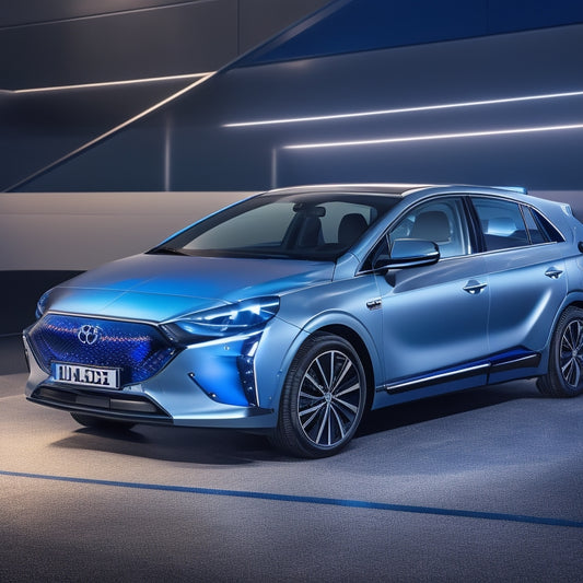 A futuristic, silver IONIQ 5 electric SUV on a sleek, grey background, illuminated by neon blue accents, with a glowing blue electric circuit pattern wrapping around its body.