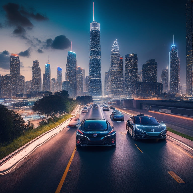 A futuristic cityscape at dusk with sleek, silver Nissan electric cars parked along a curved road, surrounded by neon-lit skyscrapers and lush greenery, under a vibrant, starry night sky.