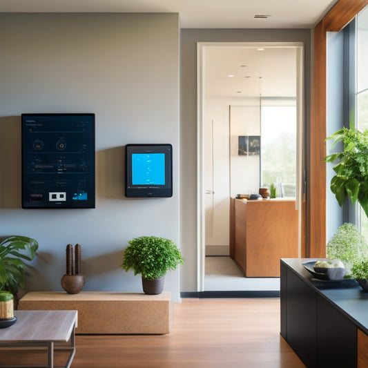 A modern home's interior with a sleek, wall-mounted battery system featuring a large, rectangular lithium-ion battery pack, surrounded by smart home devices and a tablet displaying energy usage data.