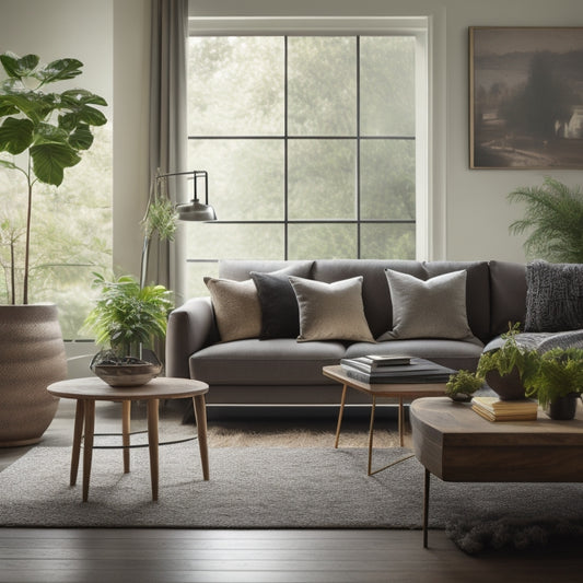 A serene living room with a reclaimed wood coffee table, surrounded by lush greenery, featuring a sleek, energy-efficient lamp and a minimalist couch made from sustainable materials.