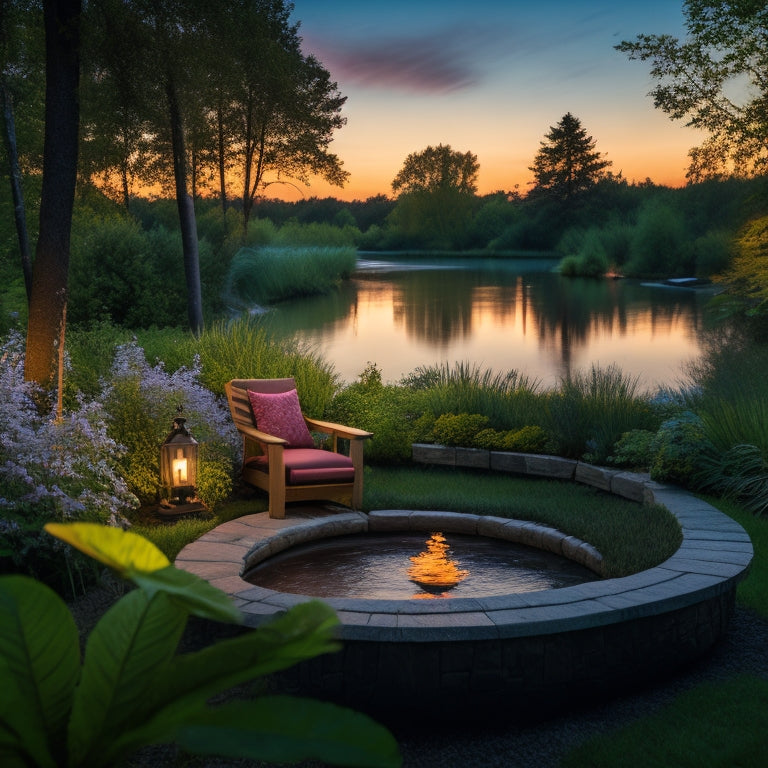 Generate an image depicting a serene backyard oasis with a curved recycled plastic lumber bench, surrounded by lush greenery, a small pond, and a few solar-powered lanterns, set against a warm sunset sky.