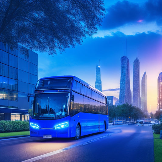 Illustrate a futuristic cityscape at dusk, with sleek, electric buses and trucks humming along streets lined with lush greenery, as a bright blue sky with a few wispy clouds transitions to a deep shade of indigo.