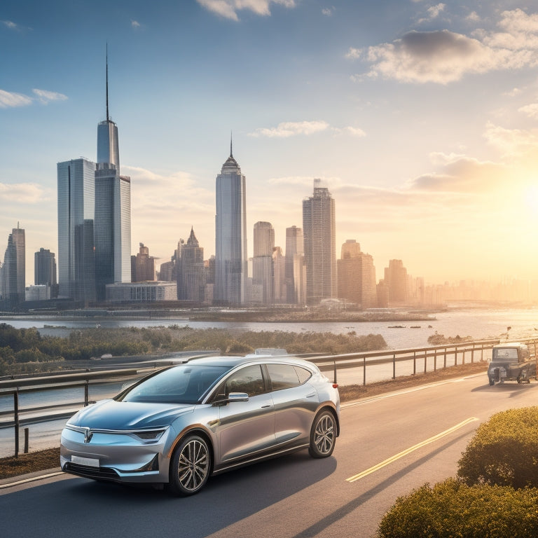 A serene, sunny day background with a shiny, silver used electric vehicle (EV) parked in front of a cityscape, with a faint grid of roads and buildings blurred in the distance.